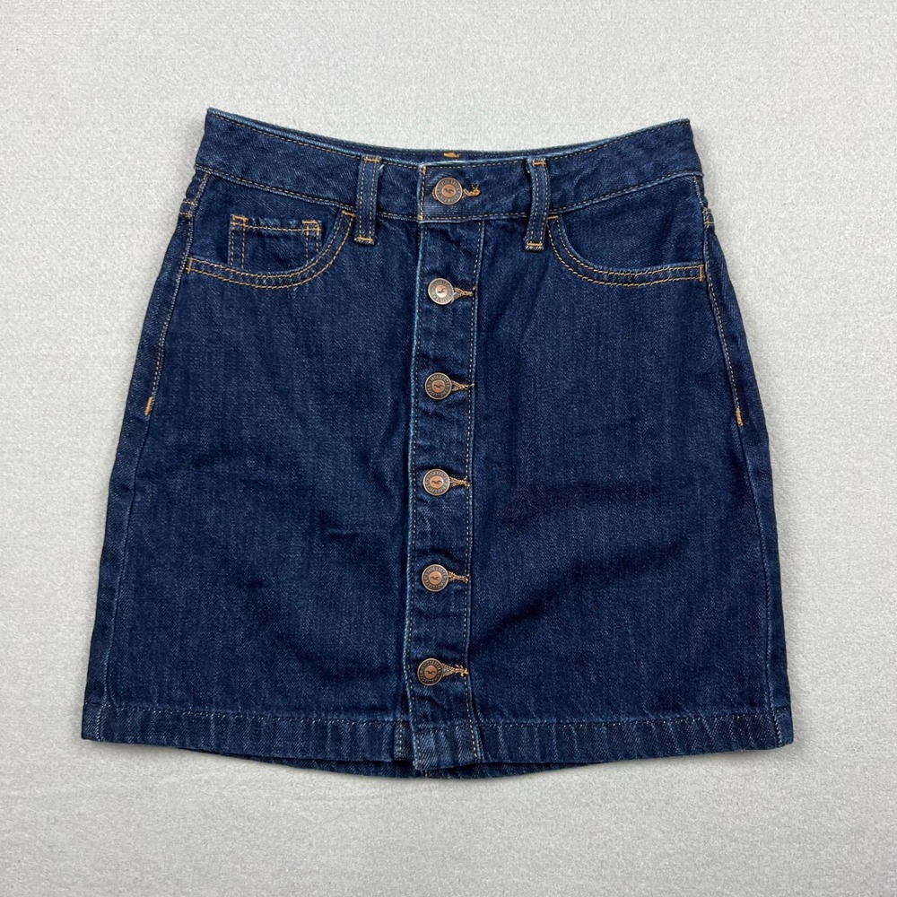 Hollister Women Size 0 Dark Blue Ultra High-Rise Button Fly Denim Mini Skirt Y2K